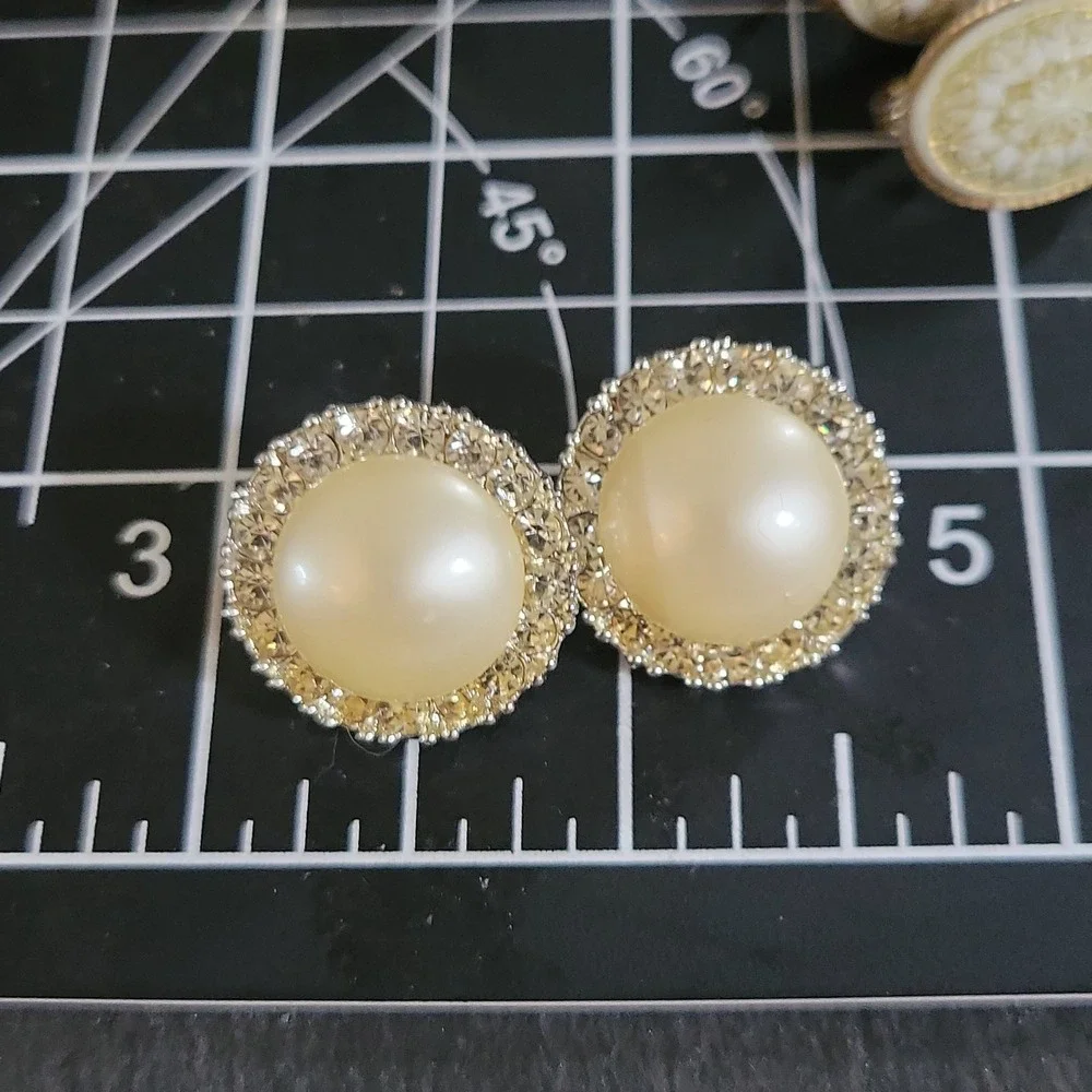 Vintage Faux Pearl Rhinestone Enamel Clip On Earrings Set 3 Pairs 80s